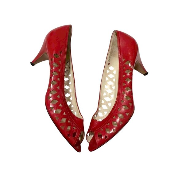 Vintage 1980s Nogueron Cherry Red Cut-Out Leather Pumps Made in Spain - Picture 4 of 13